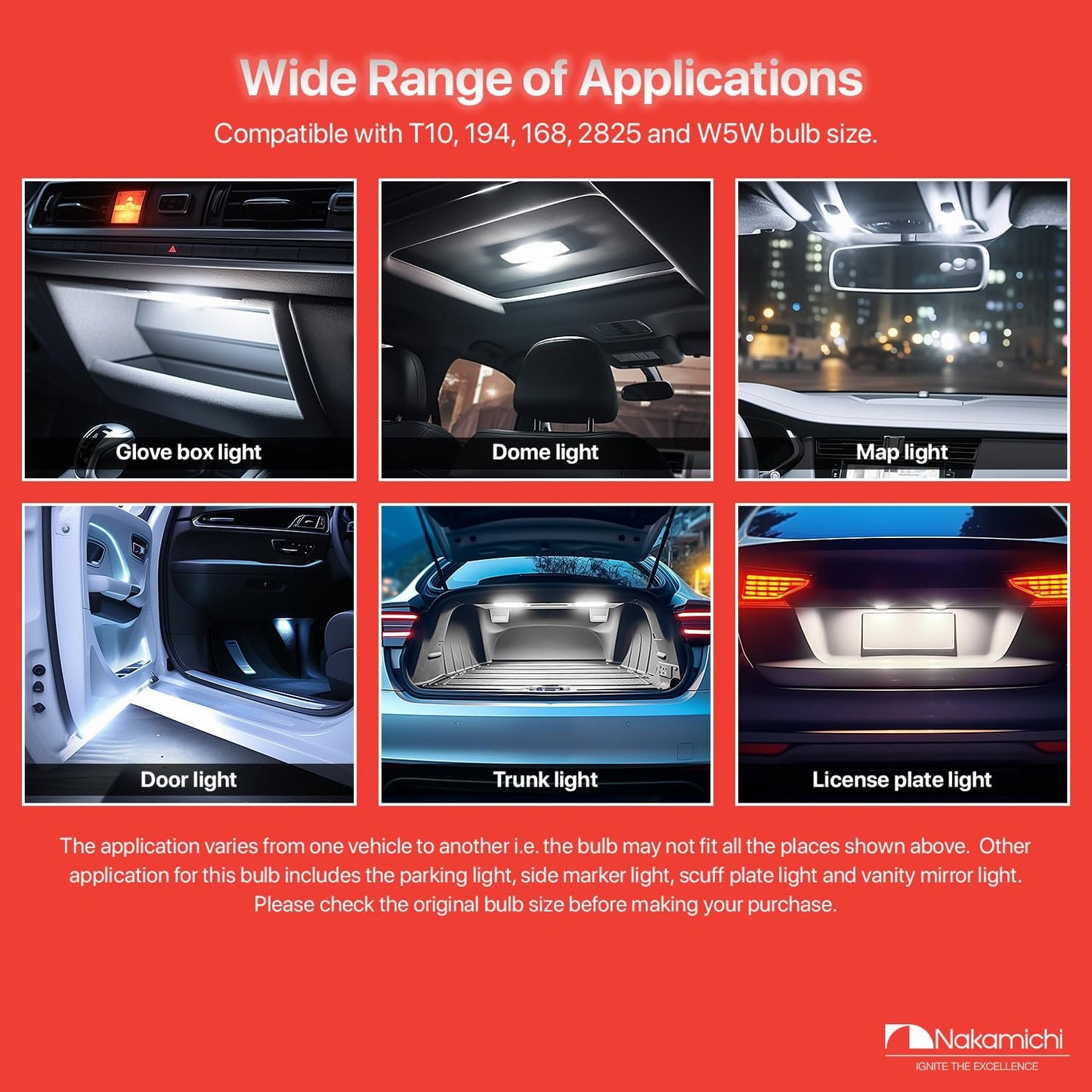 Nakamichi T10 LED-Glühbirne 168 2825 194 W5W Keil 12-SMD 2016 Chipsätze LED-Ersatzbirnen fehlerfrei für Auto-Innenraum-Kuppel-Kartentür-Kennzeichen-Innenraum-Armaturenbrett-Beleuchtung (12 LEDs)