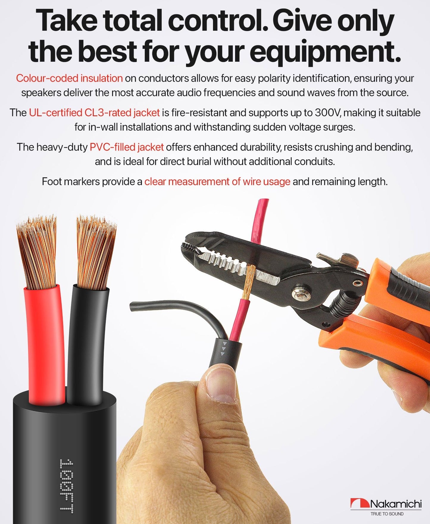 Nakamichi in-Wall & Direct Burial (UL CL2 CL3 Rated) Oxygen-Free Copper (OFC) 2-Conductor Speaker Cable Wire, Outdoor In-Ground, in-Ceiling, Riser, Black