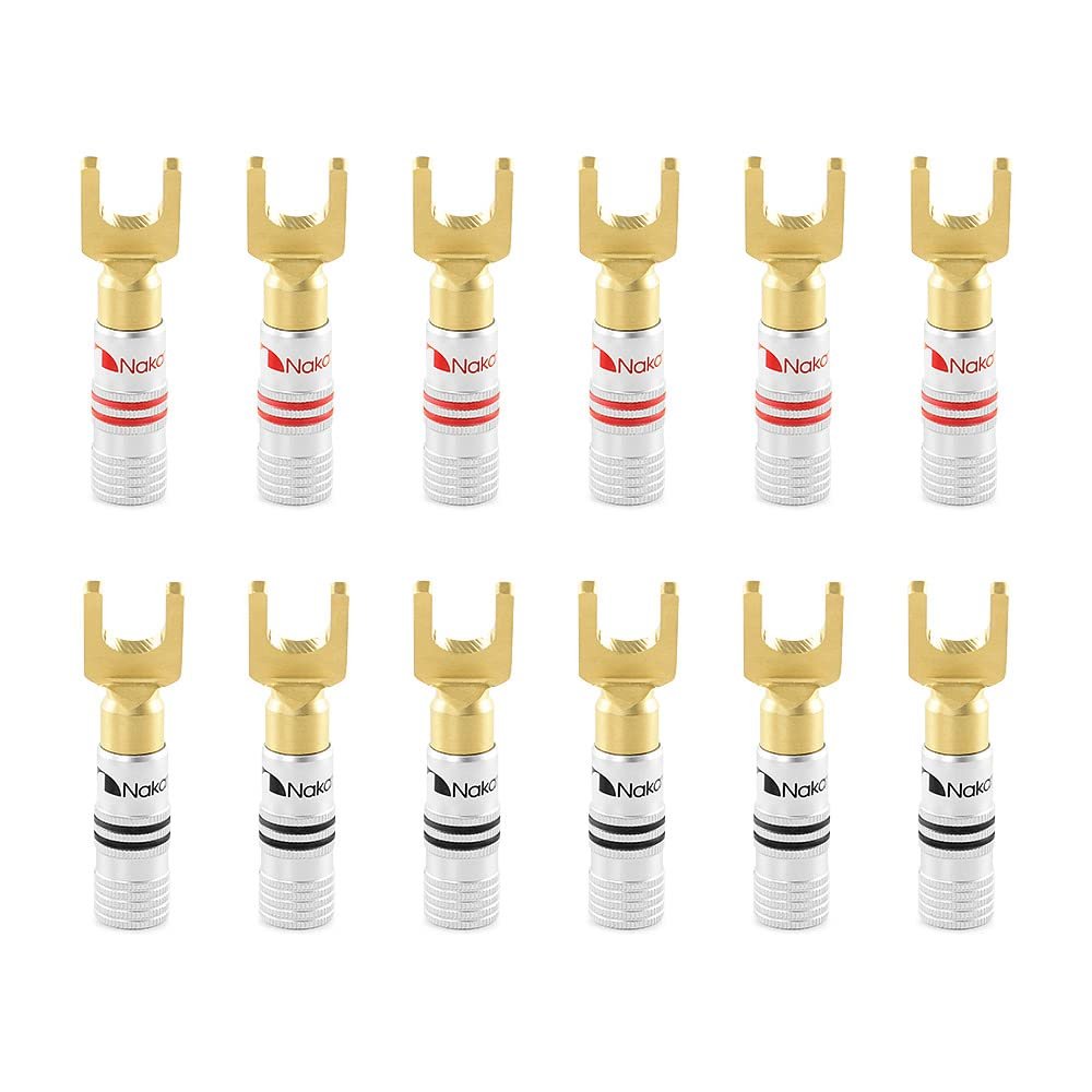 Nakamichi Excel-Serie, 24 Karat vergoldeter Y-Bananenstecker mit Flachstecker, 12–18 AWG, Stärke 4 mm, für Lautsprecher, Verstärker, Hi-Fi, AV, Stereo, Heimkino, Audiokabel, Schraubverbinder