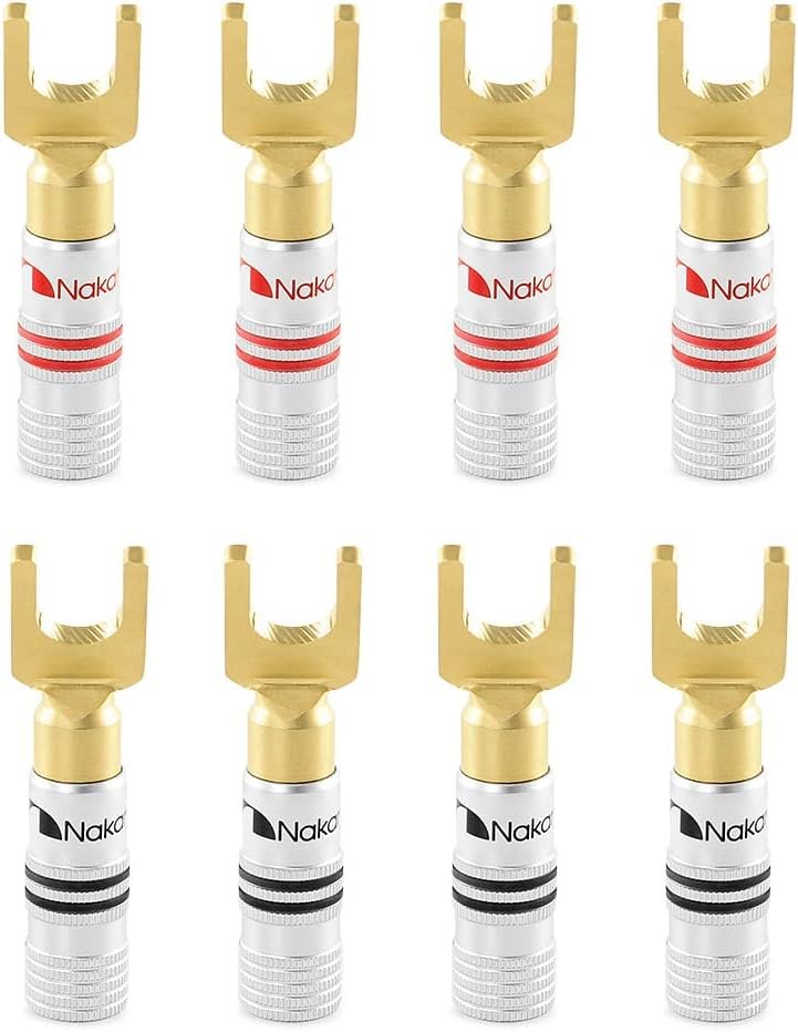 Nakamichi Excel-Serie, 24 Karat vergoldeter Y-Bananenstecker mit Flachstecker, 12–18 AWG, Stärke 4 mm, für Lautsprecher, Verstärker, Hi-Fi, AV, Stereo, Heimkino, Audiokabel, Schraubverbinder