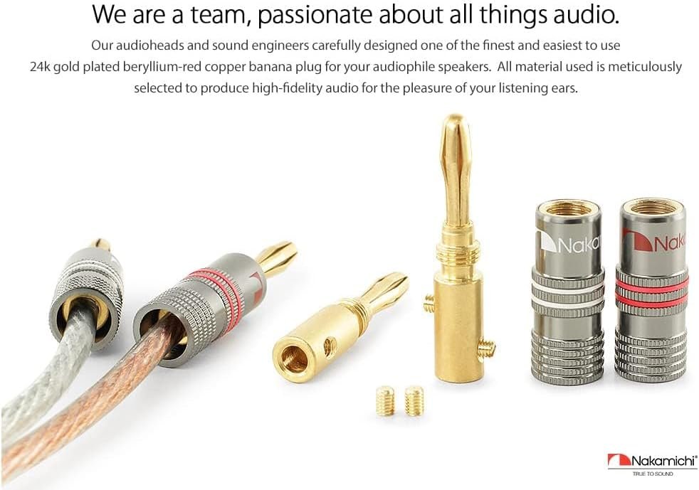 Bananenstecker Nakamichi Ultimate Series, 24 Karat vergoldet, Beryllium-Rotkupfer, 12–18 AWG, Stärke 4 mm, Anschluss für Lautsprecher, Kabelverstärker, Hi-Fi