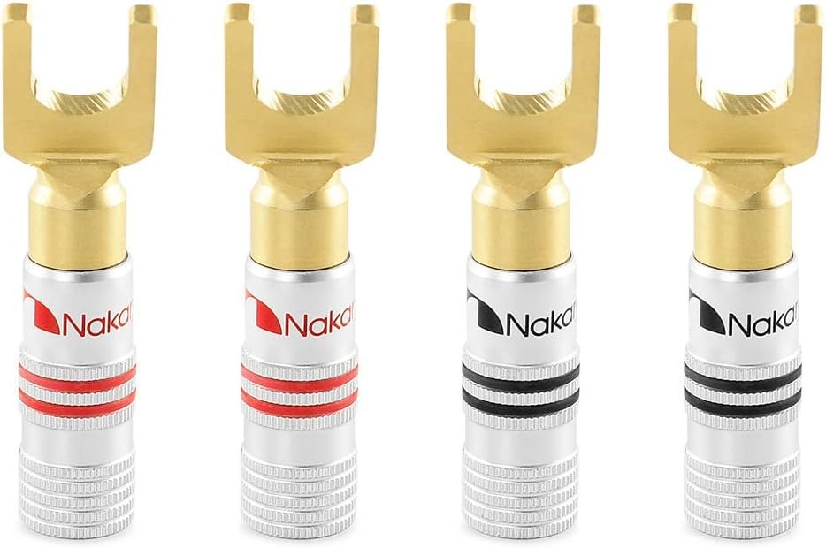 Nakamichi Excel-Serie, 24 Karat vergoldeter Y-Bananenstecker mit Flachstecker, 12–18 AWG, Stärke 4 mm, für Lautsprecher, Verstärker, Hi-Fi, AV, Stereo, Heimkino, Audiokabel, Schraubverbinder
