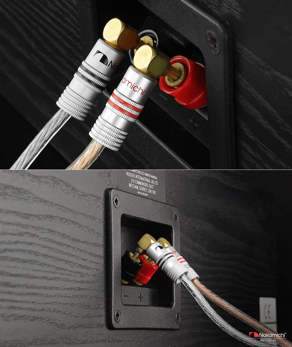 Nakamichi Excel-Serie, 24 Karat vergoldeter rechtwinkliger Bananenstecker, 12–18 AWG, Stärke 4 mm, für Lautsprecher, Verstärker, Hi-Fi, AV, Stereo, Heimkino, Audiokabel, Schraubverbinder