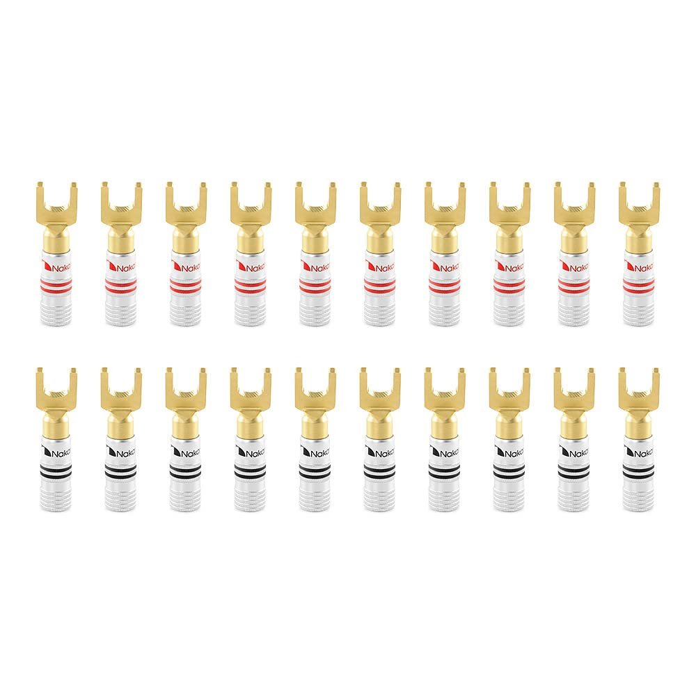 Nakamichi Excel-Serie, 24 Karat vergoldeter Y-Bananenstecker mit Flachstecker, 12–18 AWG, Stärke 4 mm, für Lautsprecher, Verstärker, Hi-Fi, AV, Stereo, Heimkino, Audiokabel, Schraubverbinder