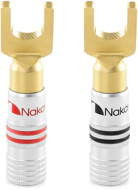 Nakamichi Excel-Serie, 24 Karat vergoldeter Y-Bananenstecker mit Flachstecker, 12–18 AWG, Stärke 4 mm, für Lautsprecher, Verstärker, Hi-Fi, AV, Stereo, Heimkino, Audiokabel, Schraubverbinder