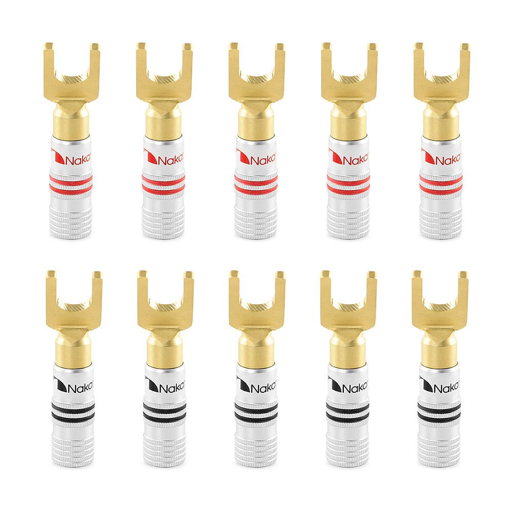 Nakamichi Excel-Serie, 24 Karat vergoldeter Y-Bananenstecker mit Flachstecker, 12–18 AWG, Stärke 4 mm, für Lautsprecher, Verstärker, Hi-Fi, AV, Stereo, Heimkino, Audiokabel, Schraubverbinder