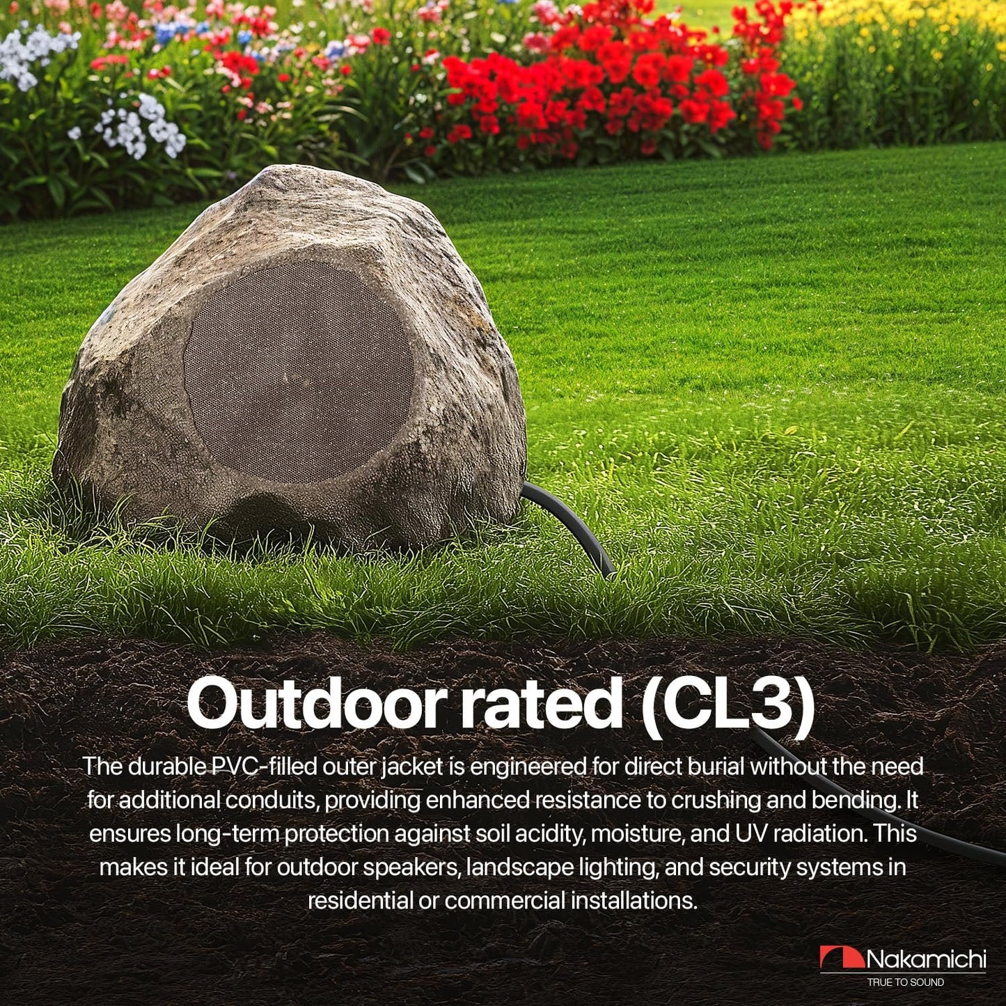 Nakamichi in-Wall & Direct Burial (UL CL2 CL3 Rated) Oxygen-Free Copper (OFC) 2-Conductor Speaker Cable Wire, Outdoor In-Ground, in-Ceiling, Riser, Black