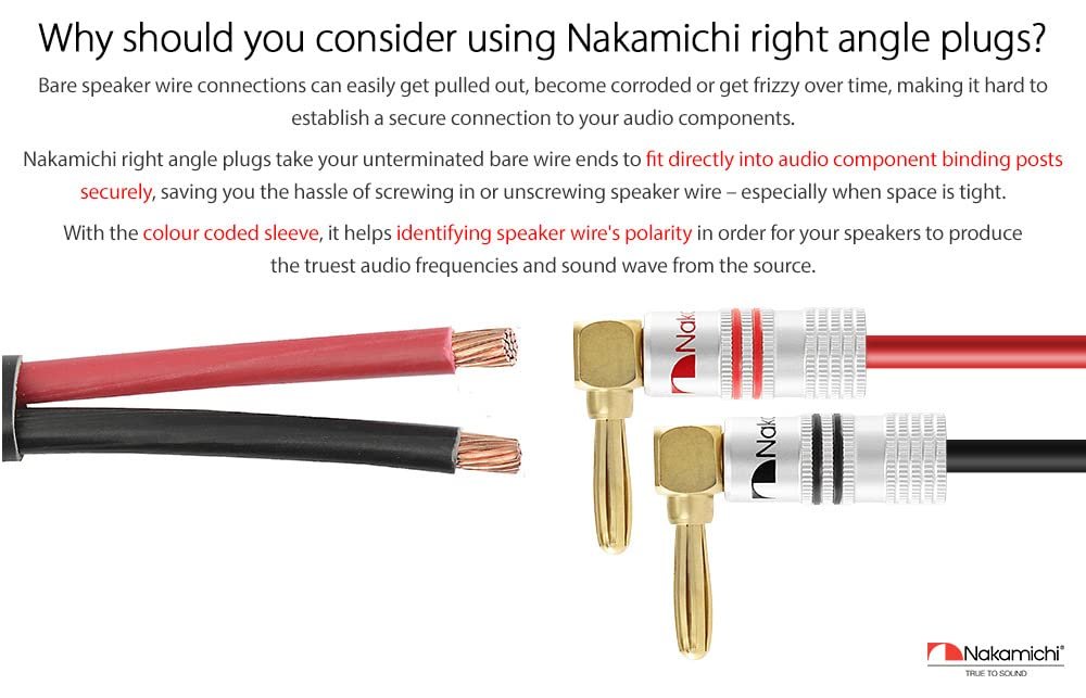 Nakamichi Excel-Serie, 24 Karat vergoldeter rechtwinkliger Bananenstecker, 12–18 AWG, Stärke 4 mm, für Lautsprecher, Verstärker, Hi-Fi, AV, Stereo, Heimkino, Audiokabel, Schraubverbinder