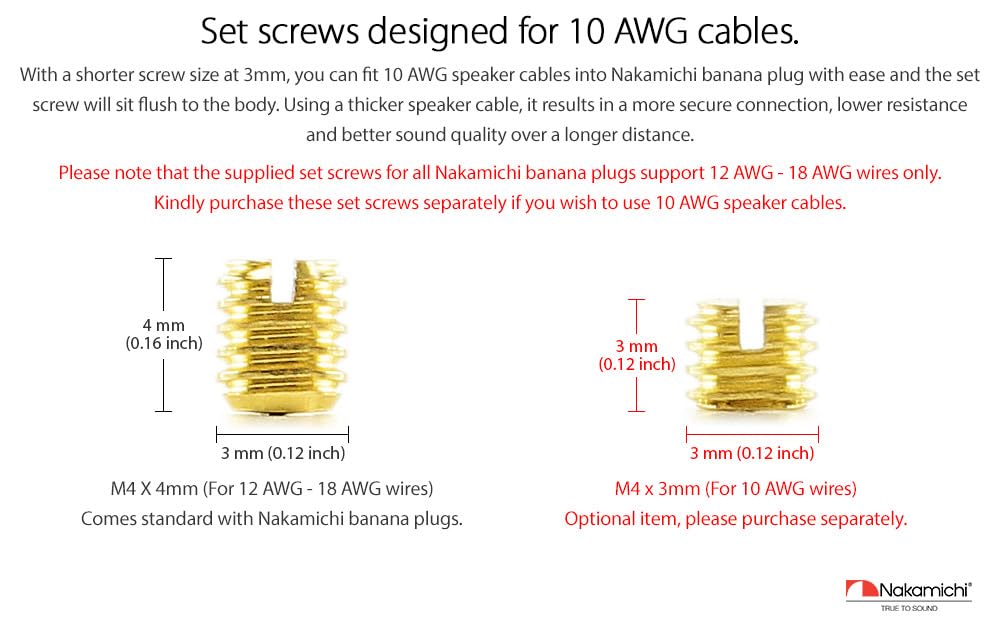 Set Screws Nakamichi Excel Series 24k Gold Plated Banana Plug 8 AWG - 16 AWG Gauge Size 4mm for Speakers Amplifier Hi-Fi AV Receiver Stereo Home Theatre Radio Audio Wire Cable Connector Set Screw