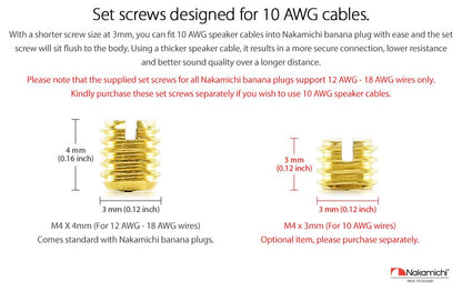 Set Screws Nakamichi Excel Series 24k Gold Plated Banana Plug 8 AWG - 16 AWG Gauge Size 4mm for Speakers Amplifier Hi-Fi AV Receiver Stereo Home Theatre Radio Audio Wire Cable Connector Set Screw