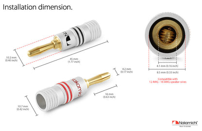 Nakamichi Excel Series 24k Gold Plated Banana Plug 12 AWG - 18 AWG Gauge Size 4mm for Speakers Amplifier Hi-Fi AV Receiver Stereo Home Theatre Radio Audio Wire Cable Screw Connector