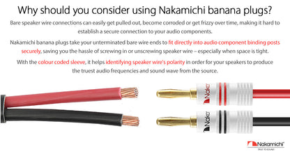 Nakamichi Excel Series 24k Gold Plated Banana Plug 12 AWG - 18 AWG Gauge Size 4mm for Speakers Amplifier Hi-Fi AV Receiver Stereo Home Theatre Radio Audio Wire Cable Screw Connector