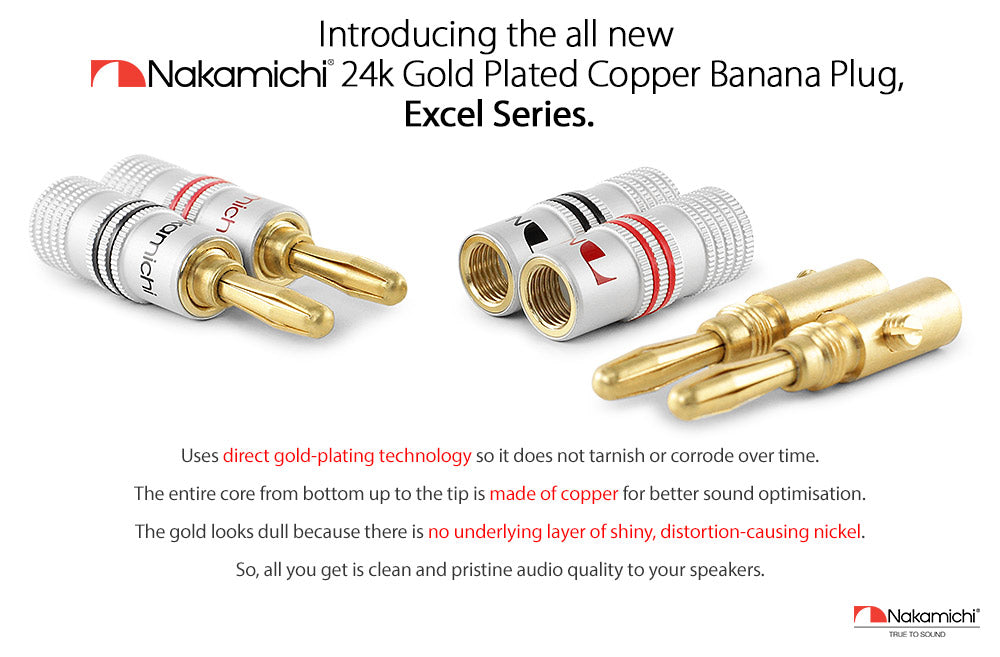 Nakamichi Excel Series 24k Gold Plated Banana Plug 12 AWG - 18 AWG Gauge Size 4mm for Speakers Amplifier Hi-Fi AV Receiver Stereo Home Theatre Radio Audio Wire Cable Screw Connector