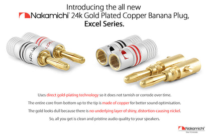 Nakamichi Excel Series 24k Gold Plated Banana Plug 12 AWG - 18 AWG Gauge Size 4mm for Speakers Amplifier Hi-Fi AV Receiver Stereo Home Theatre Radio Audio Wire Cable Screw Connector