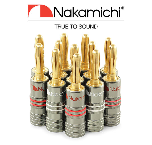 Nakamichi Ultimate Series 24K Gold Plated Beryllium Red Copper Banana Plug 12-18 AWG Gauge Size 4mm Connector for Speakers Wire Amplifiers Hi-Fi