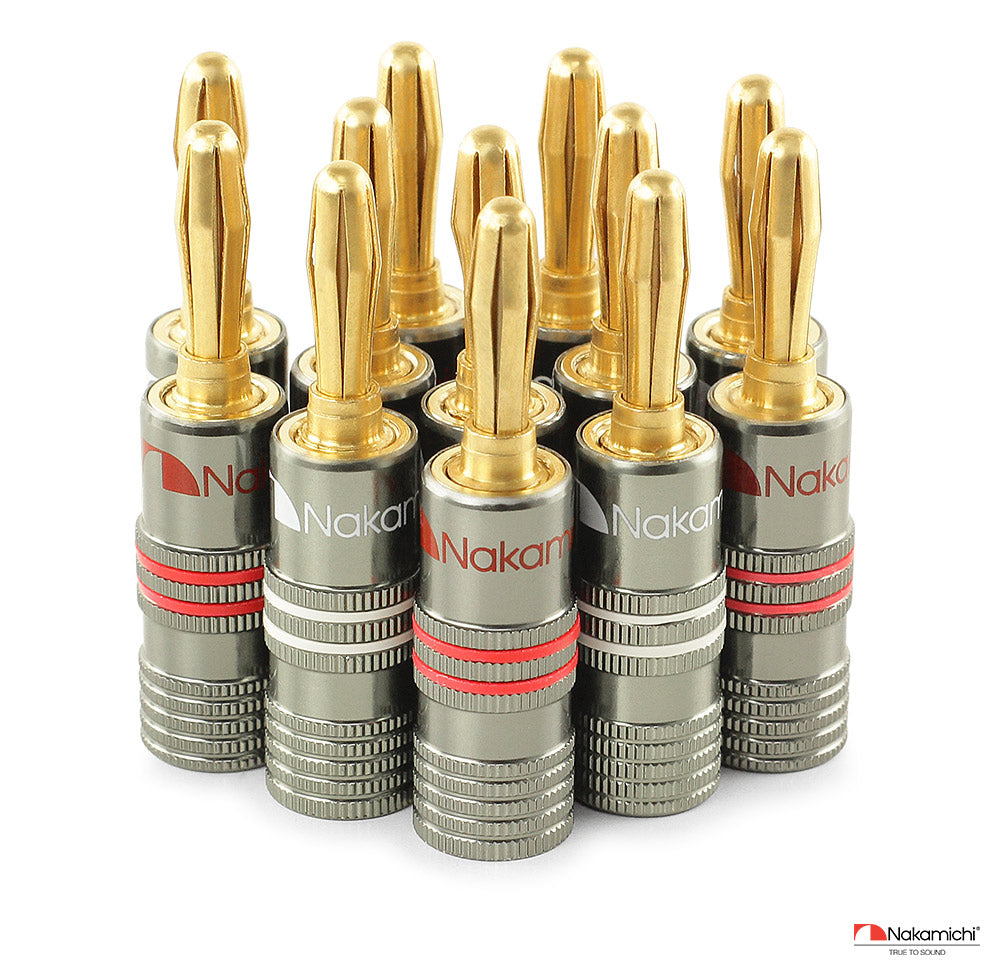 Nakamichi Ultimate Series 24K Gold Plated Beryllium Red Copper Banana Plug 12-18 AWG Gauge Size 4mm Connector for Speakers Wire Amplifiers Hi-Fi