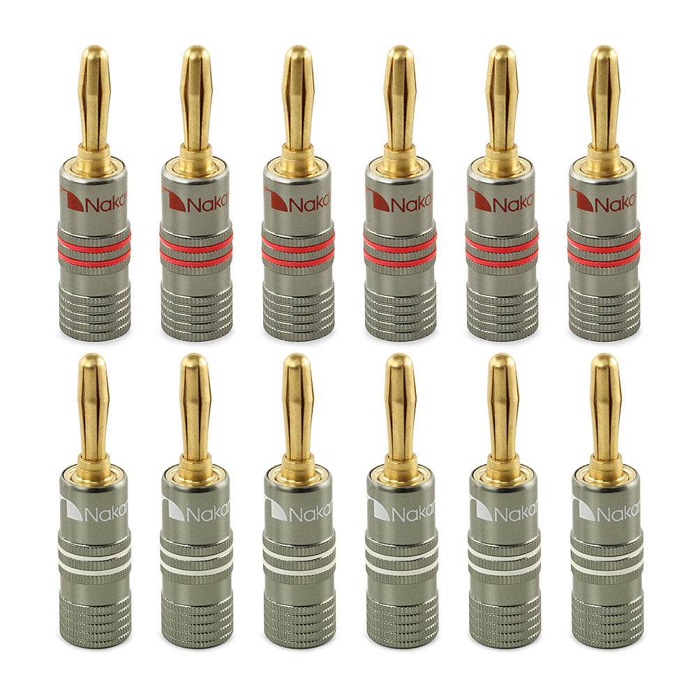 Nakamichi Ultimate Series 24K Gold Plated Beryllium Red Copper Banana Plug 12-18 AWG Gauge Size 4mm Connector for Speakers Wire Amplifiers Hi-Fi