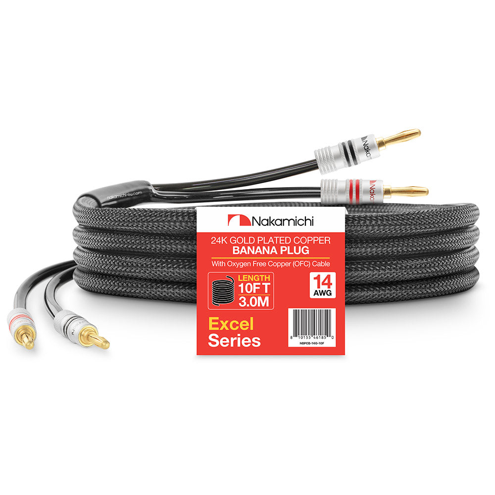 24 Karat vergoldeter Bananenstecker der Nakamichi Excel-Serie mit (6 Fuß) 12 AWG-Lautsprecherkabeldraht, 99,9 % sauerstofffreies Kupfer (OFC), strapazierfähig geflochten, für Verstärker, Hi-Fi, Heimkino 