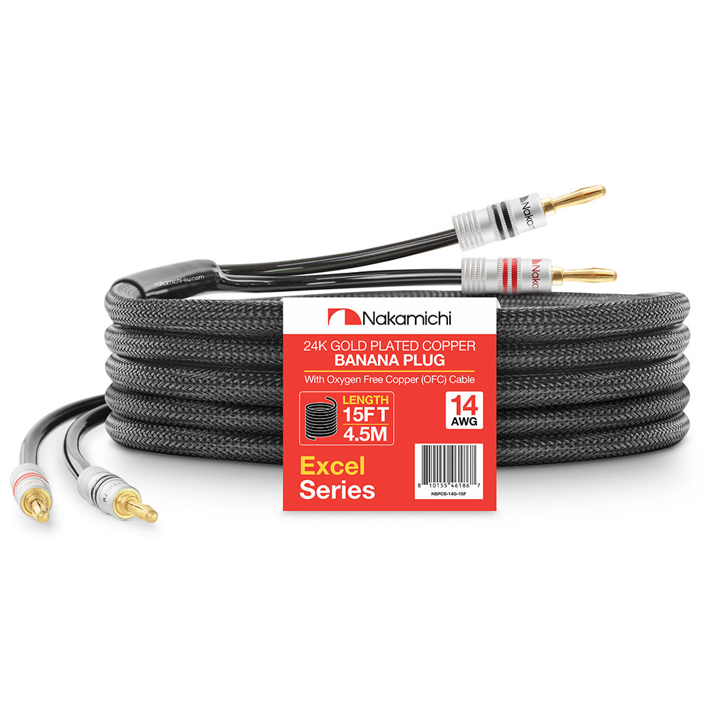 24 Karat vergoldeter Bananenstecker der Nakamichi Excel-Serie mit (6 Fuß) 12 AWG-Lautsprecherkabeldraht, 99,9 % sauerstofffreies Kupfer (OFC), strapazierfähig geflochten, für Verstärker, Hi-Fi, Heimkino 