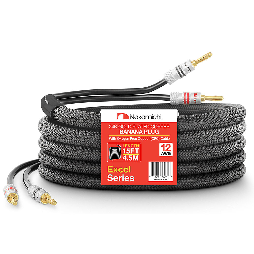 24 Karat vergoldeter Bananenstecker der Nakamichi Excel-Serie mit (6 Fuß) 12 AWG-Lautsprecherkabeldraht, 99,9 % sauerstofffreies Kupfer (OFC), strapazierfähig geflochten, für Verstärker, Hi-Fi, Heimkino 