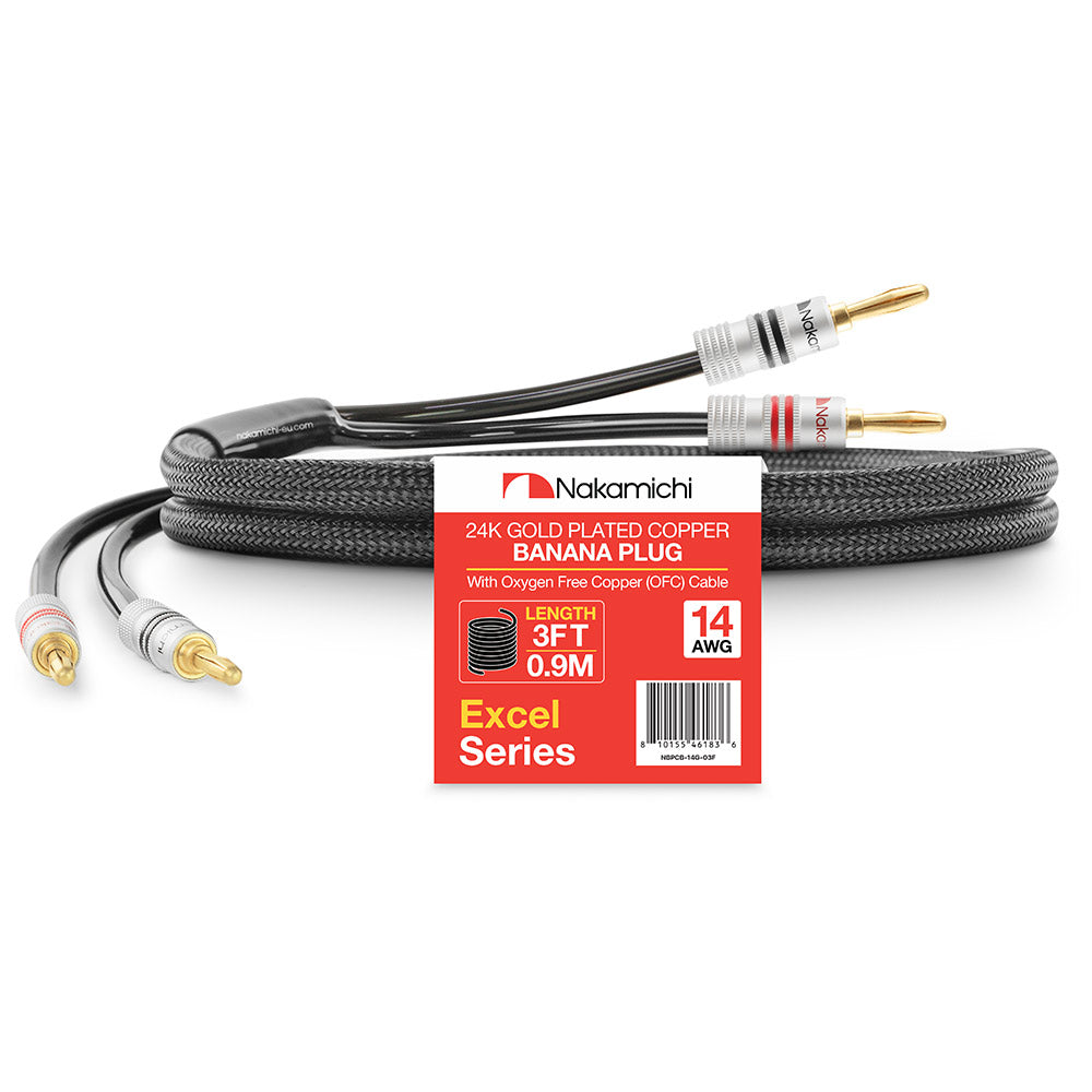 24 Karat vergoldeter Bananenstecker der Nakamichi Excel-Serie mit (6 Fuß) 12 AWG-Lautsprecherkabeldraht, 99,9 % sauerstofffreies Kupfer (OFC), strapazierfähig geflochten, für Verstärker, Hi-Fi, Heimkino 