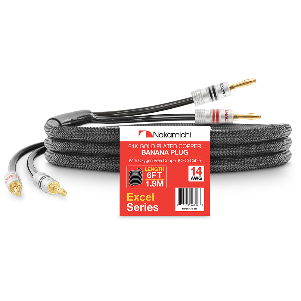 24 Karat vergoldeter Bananenstecker der Nakamichi Excel-Serie mit (6 Fuß) 12 AWG-Lautsprecherkabeldraht, 99,9 % sauerstofffreies Kupfer (OFC), strapazierfähig geflochten, für Verstärker, Hi-Fi, Heimkino 