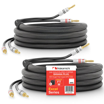 Nakamichi Excel Series 24k Gold Plated Banana Plug with 12AWG Speaker Cable Wire 99.9% Oxygen-Free Copper (OFC) Heavy Duty Braided Amplifier Hi-Fi Home Theatre in-Wall CL2 Rated (1-Pair)
