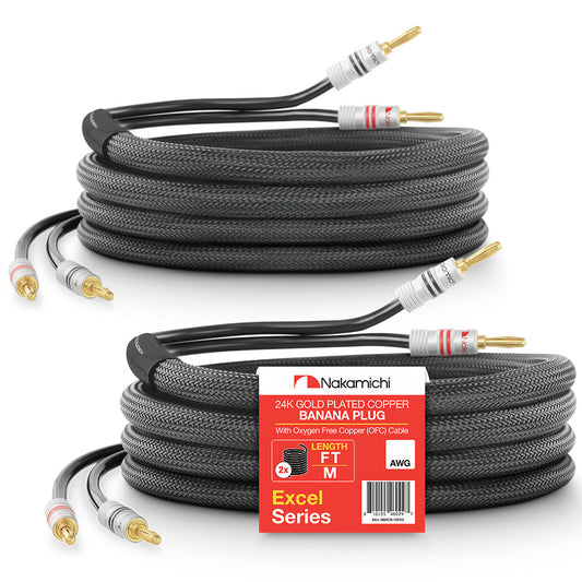Nakamichi Excel Series 24k Gold Plated Banana Plug with 12AWG Speaker Cable Wire 99.9% Oxygen-Free Copper (OFC) Heavy Duty Braided Amplifier Hi-Fi Home Theatre in-Wall CL2 Rated (1-Pair)
