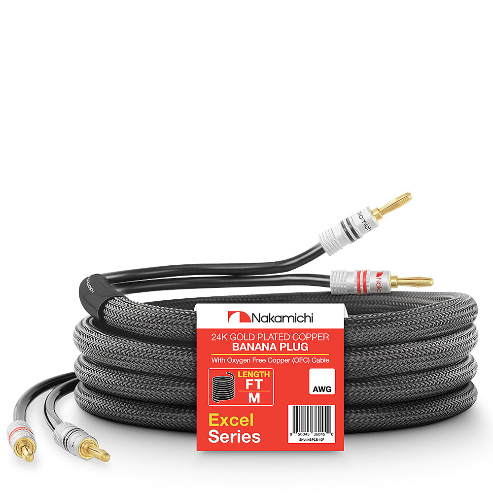 24 Karat vergoldeter Bananenstecker der Nakamichi Excel-Serie mit (6 Fuß) 12 AWG-Lautsprecherkabeldraht, 99,9 % sauerstofffreies Kupfer (OFC), strapazierfähig geflochten, für Verstärker, Hi-Fi, Heimkino 
