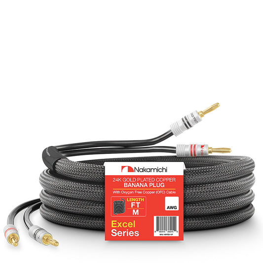 Nakamichi Excel Series 24k Gold Plated Banana Plug with 12AWG/14AWG Speaker Cable Wire 99.9% Oxygen-Free Copper (OFC) Heavy Duty Braided for Amplifier Hi-Fi Home Theatre in-Wall CL2 Rated