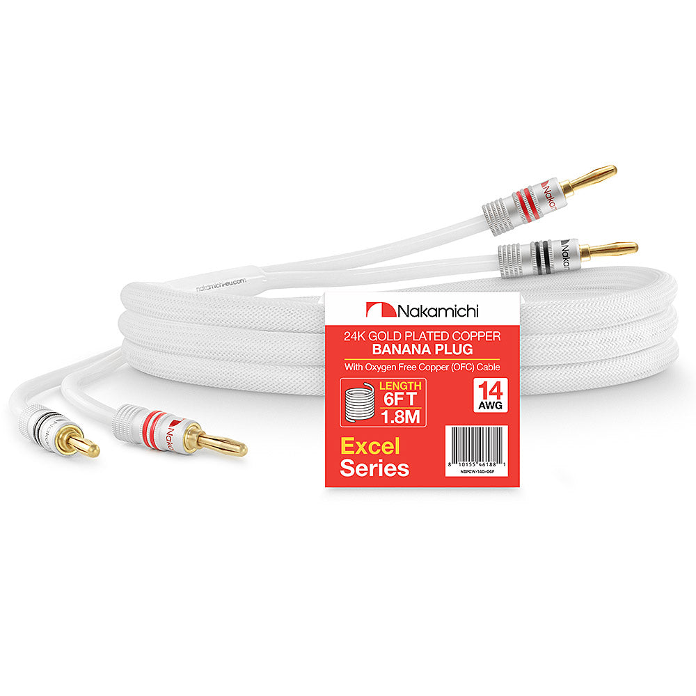 24 Karat vergoldeter Bananenstecker der Nakamichi Excel-Serie mit (6 Fuß) 12 AWG-Lautsprecherkabeldraht, 99,9 % sauerstofffreies Kupfer (OFC), strapazierfähig geflochten, für Verstärker, Hi-Fi, Heimkino 