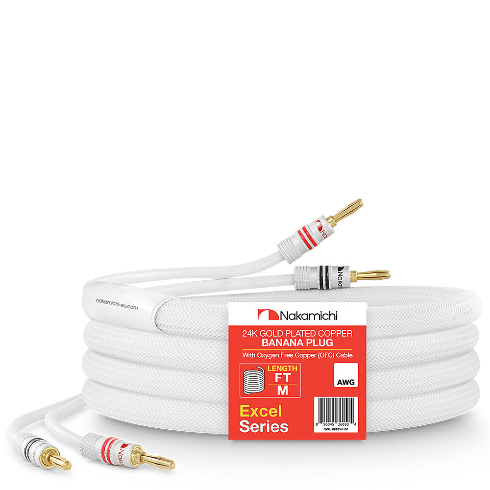 Nakamichi Excel Series 24k Gold Plated Banana Plug with 12AWG/14AWG Speaker Cable Wire 99.9% Oxygen-Free Copper (OFC) Heavy Duty Braided for Amplifier Hi-Fi Home Theatre in-Wall CL2 Rated