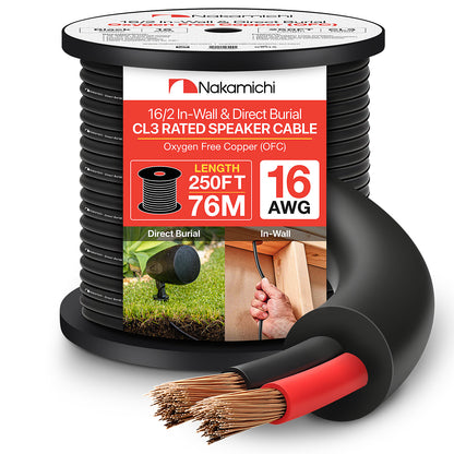 Nakamichi In-Wall & Direct Burial (UL CL3 zertifiziert) sauerstofffreies Kupfer (OFC) 2-adriges Lautsprecherkabel, für den Außenbereich, im Boden, Schwarz 