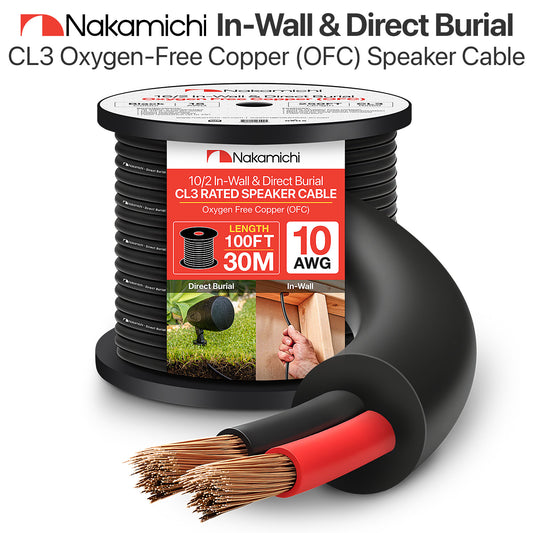 Nakamichi in-Wall & Direct Burial (UL CL2 CL3 Rated) Oxygen-Free Copper (OFC) 2-Conductor Speaker Cable Wire, Outdoor In-Ground, in-Ceiling, Riser, Black