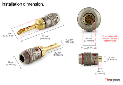 Nakamichi FanLock Excel Series 24k Gold Plated BFA Banana Plug 10 AWG - 18 AWG Gauge Size 4mm for Speakers Amplifier Hi-Fi Stereo Home Theatre Radio Audio Wire Cable Quick Connector