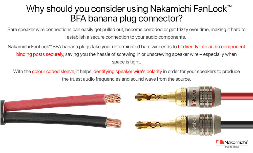 Nakamichi FanLock Excel Series 24k Gold Plated BFA Banana Plug 10 AWG - 18 AWG Gauge Size 4mm for Speakers Amplifier Hi-Fi Stereo Home Theatre Radio Audio Wire Cable Quick Connector