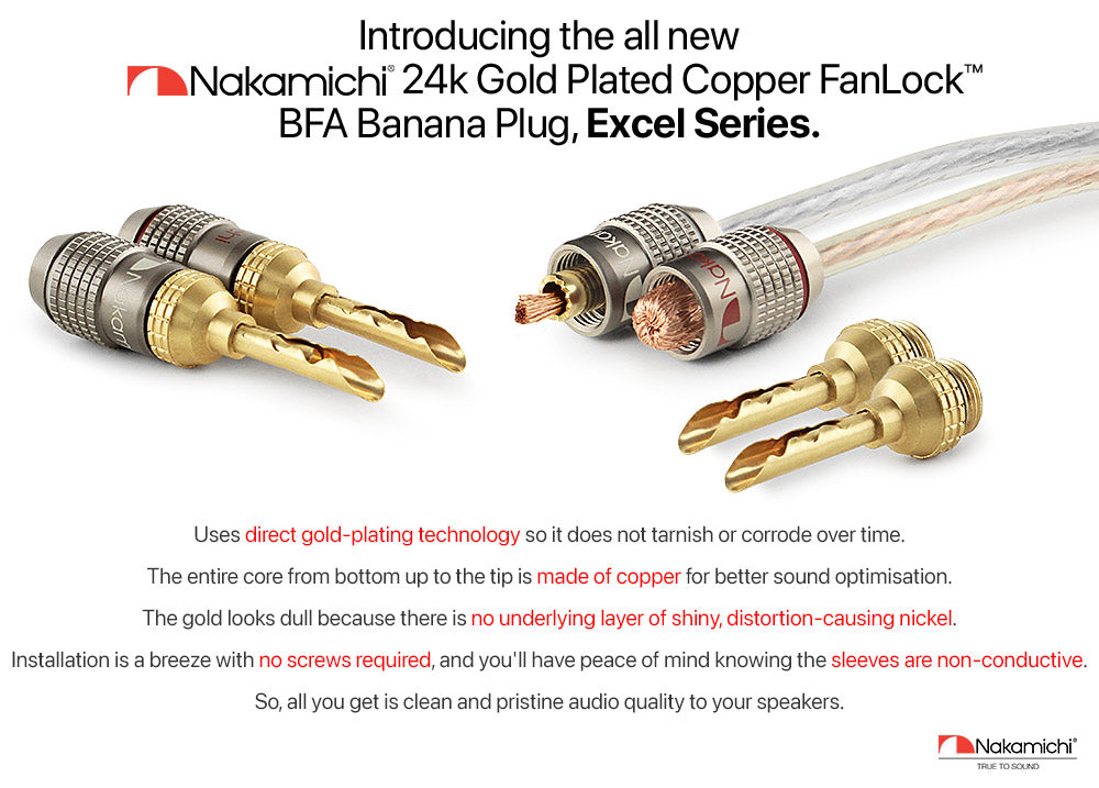 Nakamichi FanLock Excel Series 24k Gold Plated BFA Banana Plug 10 AWG - 18 AWG Gauge Size 4mm for Speakers Amplifier Hi-Fi Stereo Home Theatre Radio Audio Wire Cable Quick Connector