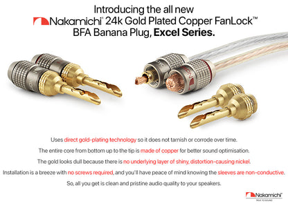 Nakamichi FanLock Excel Series 24k Gold Plated BFA Banana Plug 10 AWG - 18 AWG Gauge Size 4mm for Speakers Amplifier Hi-Fi Stereo Home Theatre Radio Audio Wire Cable Quick Connector