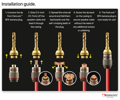 Nakamichi FanLock Excel Series 24k Gold Plated BFA Banana Plug 10 AWG - 18 AWG Gauge Size 4mm for Speakers Amplifier Hi-Fi Stereo Home Theatre Radio Audio Wire Cable Quick Connector