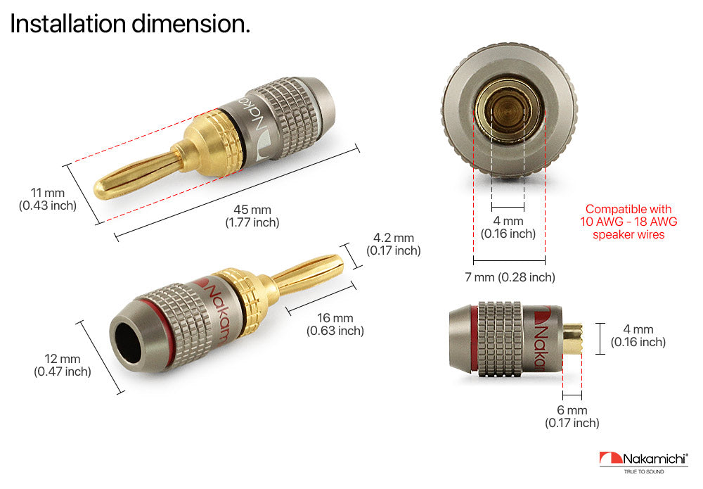 Nakamichi FanLock Excel Series 24k Gold Plated Banana Plug 10 AWG - 18 AWG Gauge Size 4mm for Speakers Amplifier Hi-Fi Stereo Home Theatre Radio Audio Wire Cable Quick Connector