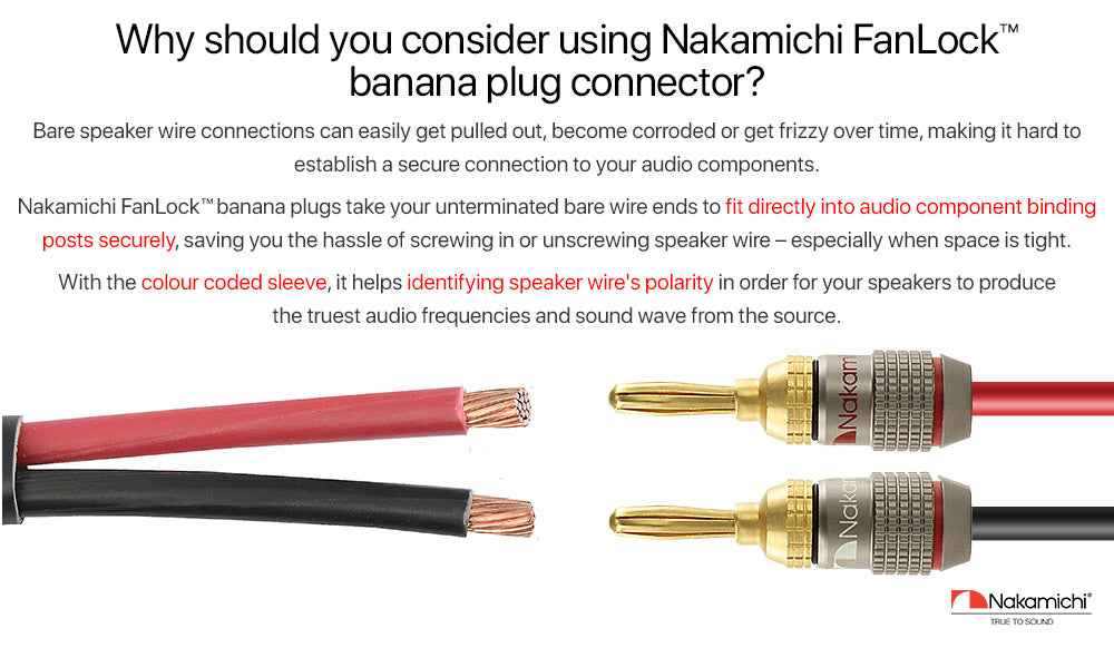 Nakamichi FanLock Excel Series 24k Gold Plated Banana Plug 10 AWG - 18 AWG Gauge Size 4mm for Speakers Amplifier Hi-Fi Stereo Home Theatre Radio Audio Wire Cable Quick Connector