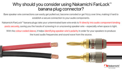 Nakamichi FanLock Excel Series 24k Gold Plated Banana Plug 10 AWG - 18 AWG Gauge Size 4mm for Speakers Amplifier Hi-Fi Stereo Home Theatre Radio Audio Wire Cable Quick Connector