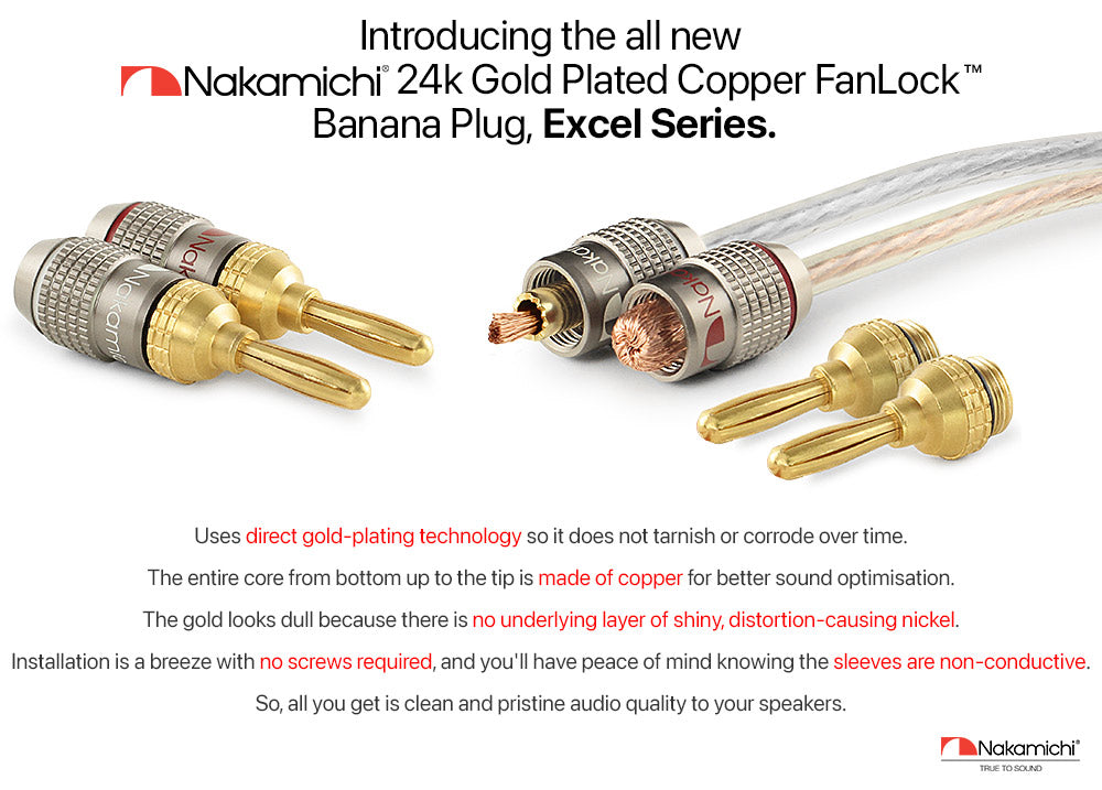 Nakamichi FanLock Excel Series 24k Gold Plated Banana Plug 10 AWG - 18 AWG Gauge Size 4mm for Speakers Amplifier Hi-Fi Stereo Home Theatre Radio Audio Wire Cable Quick Connector