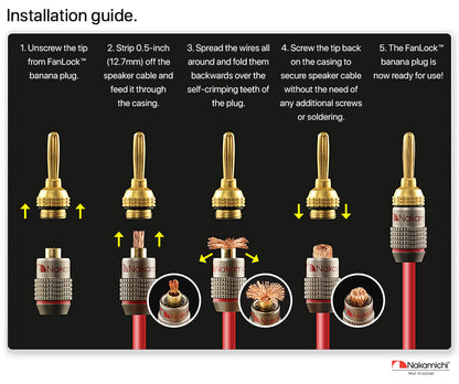 Nakamichi FanLock Excel Series 24k Gold Plated Banana Plug 10 AWG - 18 AWG Gauge Size 4mm for Speakers Amplifier Hi-Fi Stereo Home Theatre Radio Audio Wire Cable Quick Connector