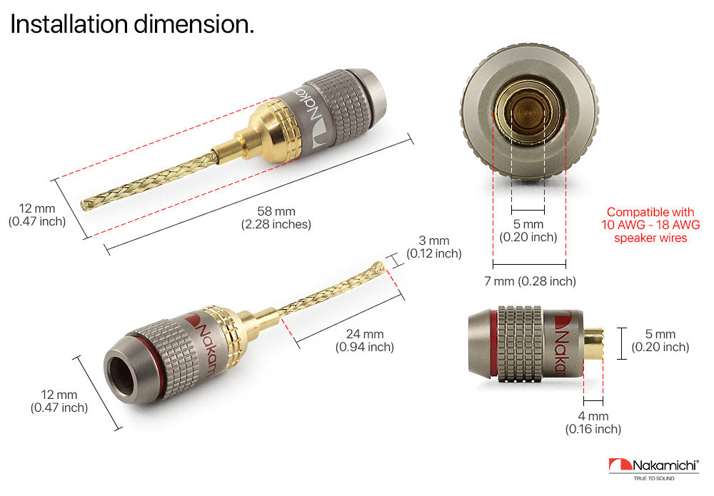Nakamichi FanLock Excel Series 24k Gold Plated 2mm Flex Pin Banana Plugs 10 AWG - 18 AWG Gauge Size for Spring Clip Terminal Speakers Amplifier Hi-Fi Wire Cable Quick Connector