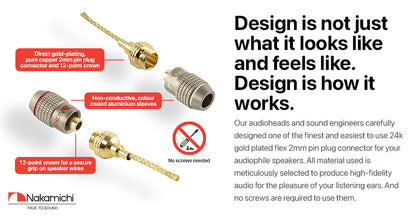 Nakamichi FanLock Excel Series 24k Gold Plated 2mm Flex Pin Banana Plugs 10 AWG - 18 AWG Gauge Size for Spring Clip Terminal Speakers Amplifier Hi-Fi Wire Cable Quick Connector