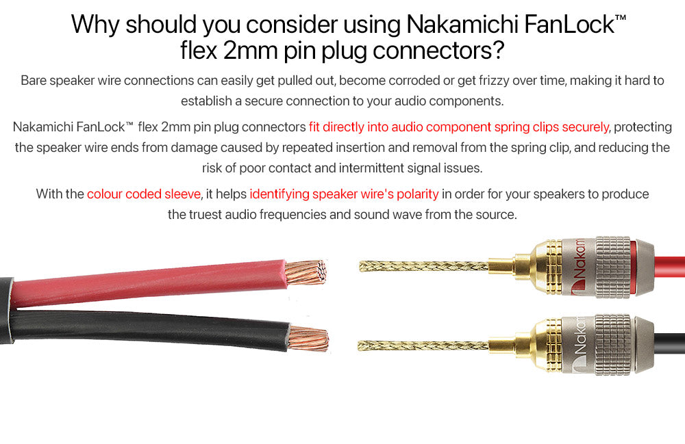 Nakamichi FanLock Excel Series 24k Gold Plated 2mm Flex Pin Banana Plugs 10 AWG - 18 AWG Gauge Size for Spring Clip Terminal Speakers Amplifier Hi-Fi Wire Cable Quick Connector