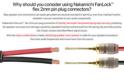 Nakamichi FanLock Excel Series 24k Gold Plated 2mm Flex Pin Banana Plugs 10 AWG - 18 AWG Gauge Size for Spring Clip Terminal Speakers Amplifier Hi-Fi Wire Cable Quick Connector