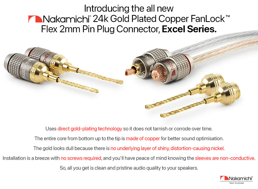 Nakamichi FanLock Excel Series 24k Gold Plated 2mm Flex Pin Banana Plugs 10 AWG - 18 AWG Gauge Size for Spring Clip Terminal Speakers Amplifier Hi-Fi Wire Cable Quick Connector