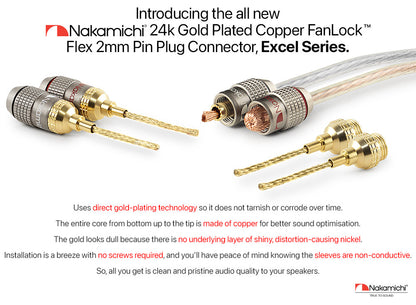 Nakamichi FanLock Excel Series 24k Gold Plated 2mm Flex Pin Banana Plugs 10 AWG - 18 AWG Gauge Size for Spring Clip Terminal Speakers Amplifier Hi-Fi Wire Cable Quick Connector
